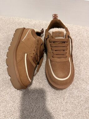 UGG Women’s Chestnut Brown Platform Lace-Up Sneakers with Cream Trim